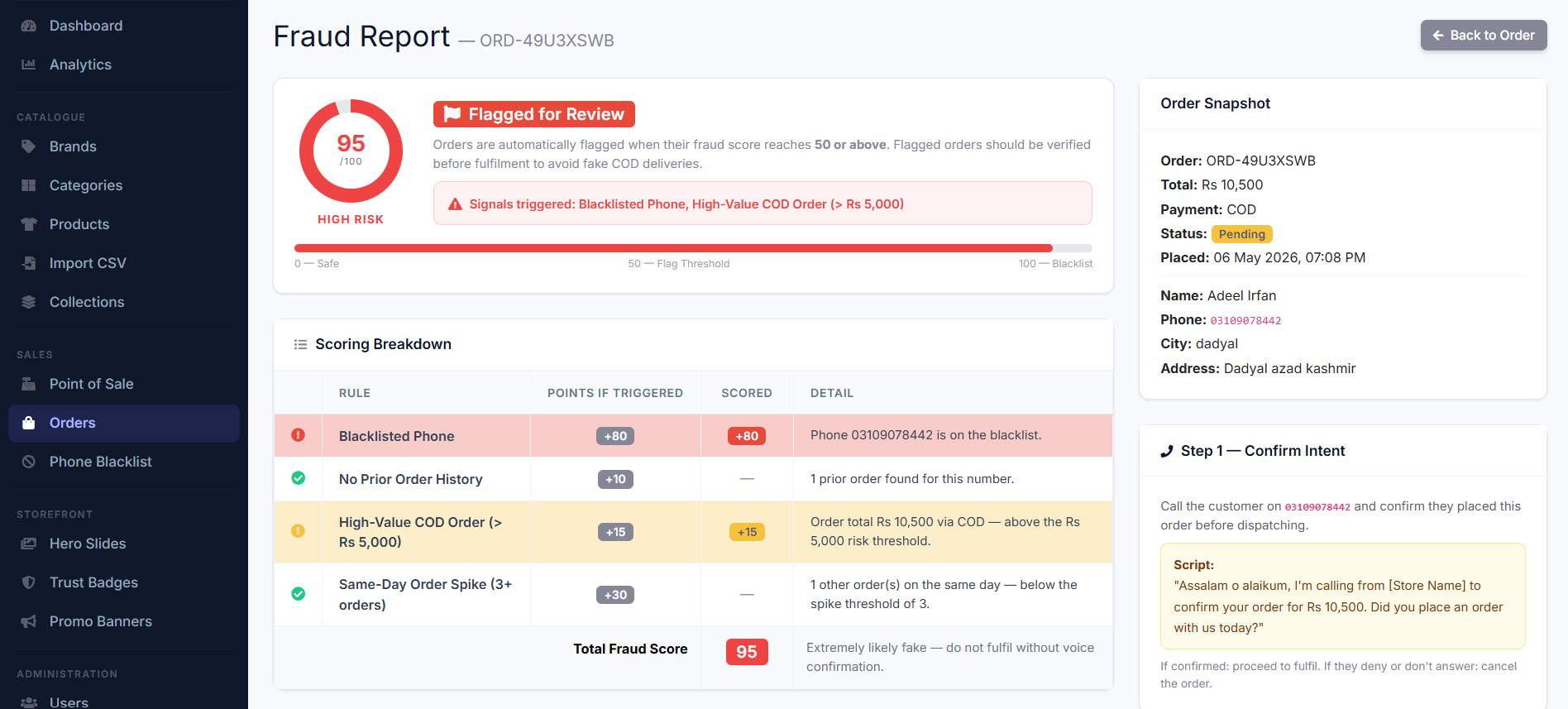 Salengin Fraud Detection — circular risk score gauge and detailed scoring breakdown
