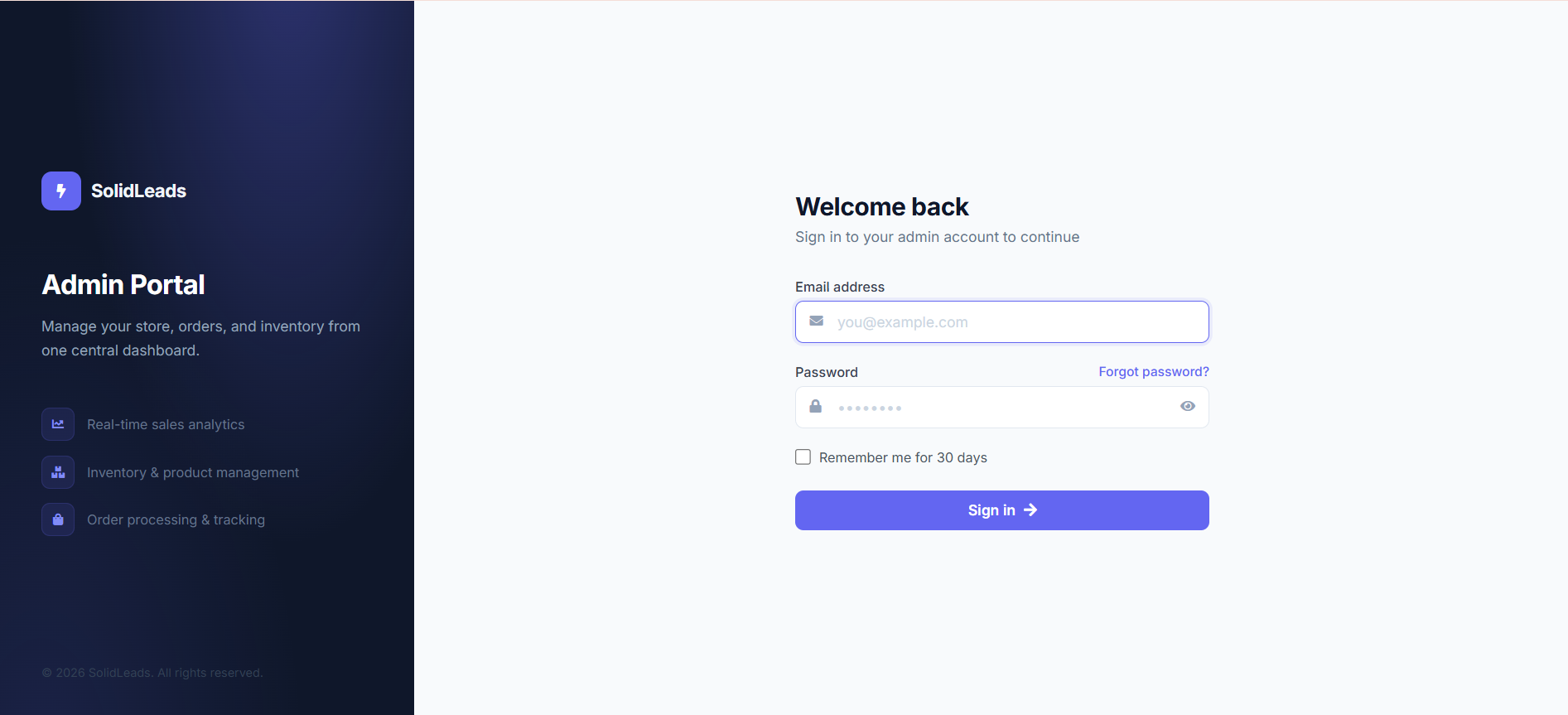 Salengin branded login page with split-panel design