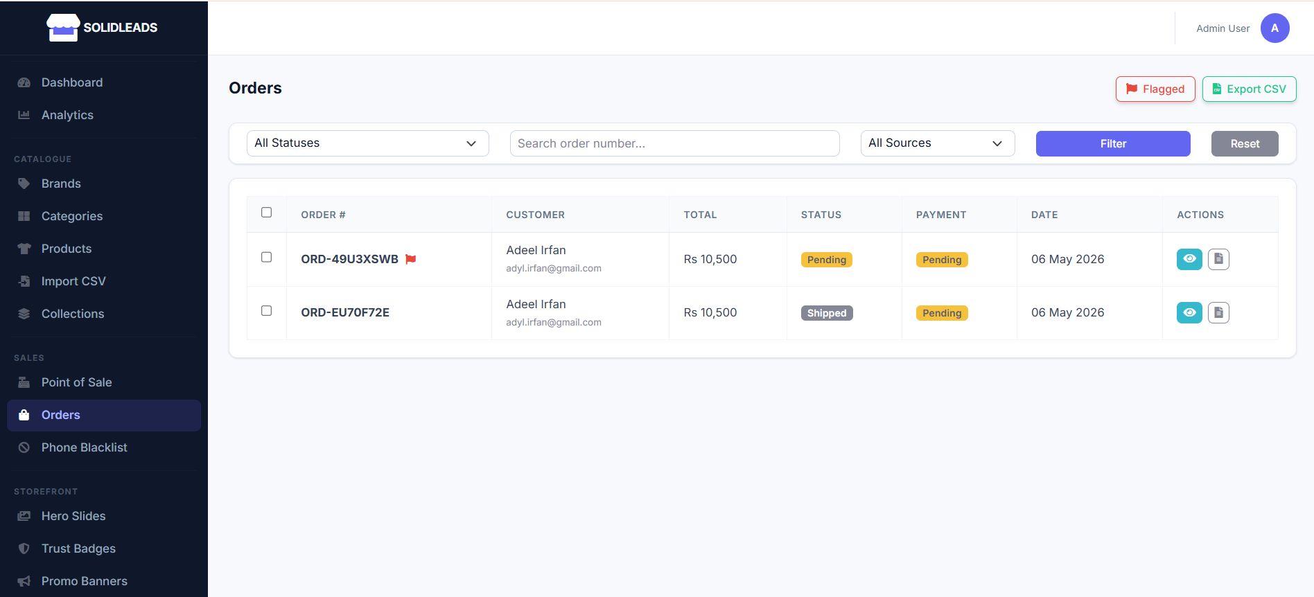 Salengin Orders list with status filters and flagged order indicators